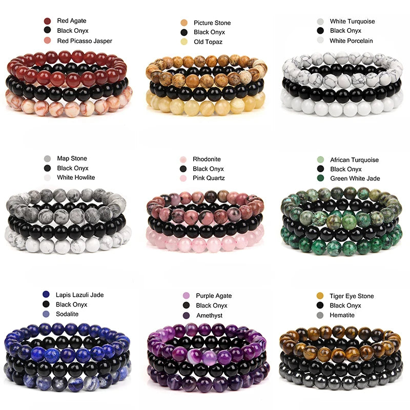 Gemfiori 8mm Natural Garnet Stone Bracelet Set 3pcs/set Rose Quartz Rose Turquoise Hematite Amethyst Bracelet Men's and Women's Jewelry