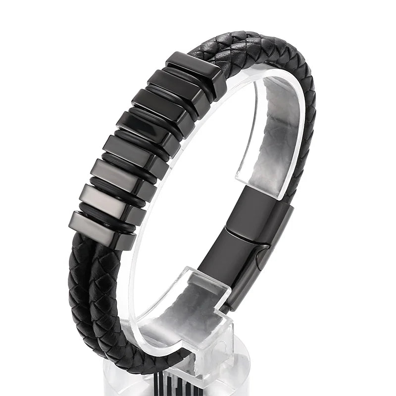 KALEN Unisex 210mm Silver/Gold Color Casual Stainless Steel&Cowhide Link Bracelet