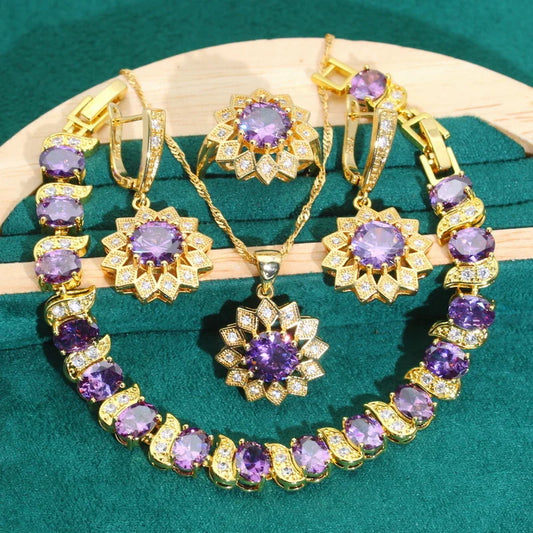 Exquisite Purple Zircon Gold Color Jewelry Set for Women Banquet Bracelet Earrings Necklace Pendant Ring for Wedding or Party