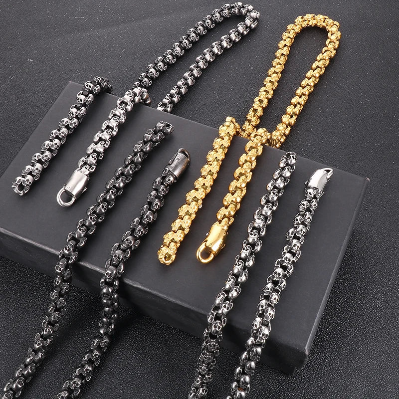 REBEL Men 650mm Punk Gold/Silver/Black Stainless Steel Skull Links Necklace