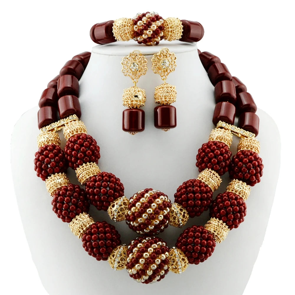 Zhuerrui Red Nigerian Bead Necklace Earring Set Traditional African Bridal Jewelry a Perfect Gift for Anniversaries  YL74