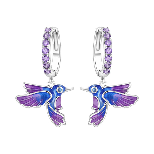 Shining Single Row Zircon Paved Gradient Blue Purple Enamel Hummingbird Dangle Drop Earrings Copper Silver Plated Women's Trendy