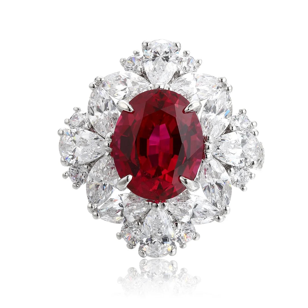 Gemfiori Anster Oval Cut Lab Created Diamonds and Ring S925 Sterling Silver Lab Grown Ruby Women Ring