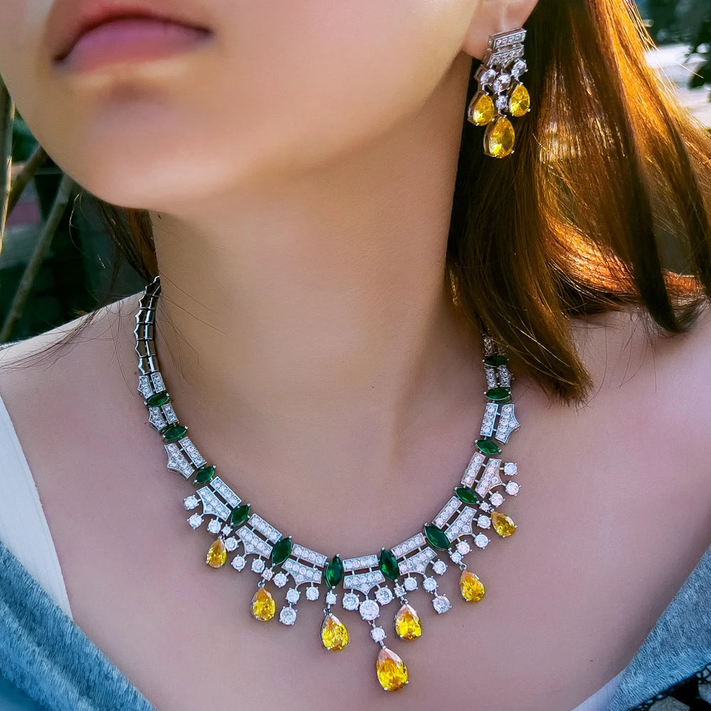 Glamorous Yellow Cubic Zirconia Dangle Water Drop Wedding Party Bridal Necklace Pageant Jewelry Sets for Women