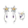 ArtistA Handmade 925 Silver Gold Plated Natural Amethyst Gemstone Matching Lotus-Flower Open Adjustable Ring & Long Dangle Earrings Set