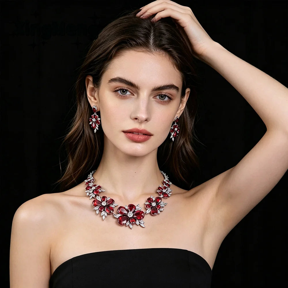 XM S307 Brass Silver Plated Red Zircon Floral Statement Necklace and Drop Earrings Jewelry Set for Women Wedding