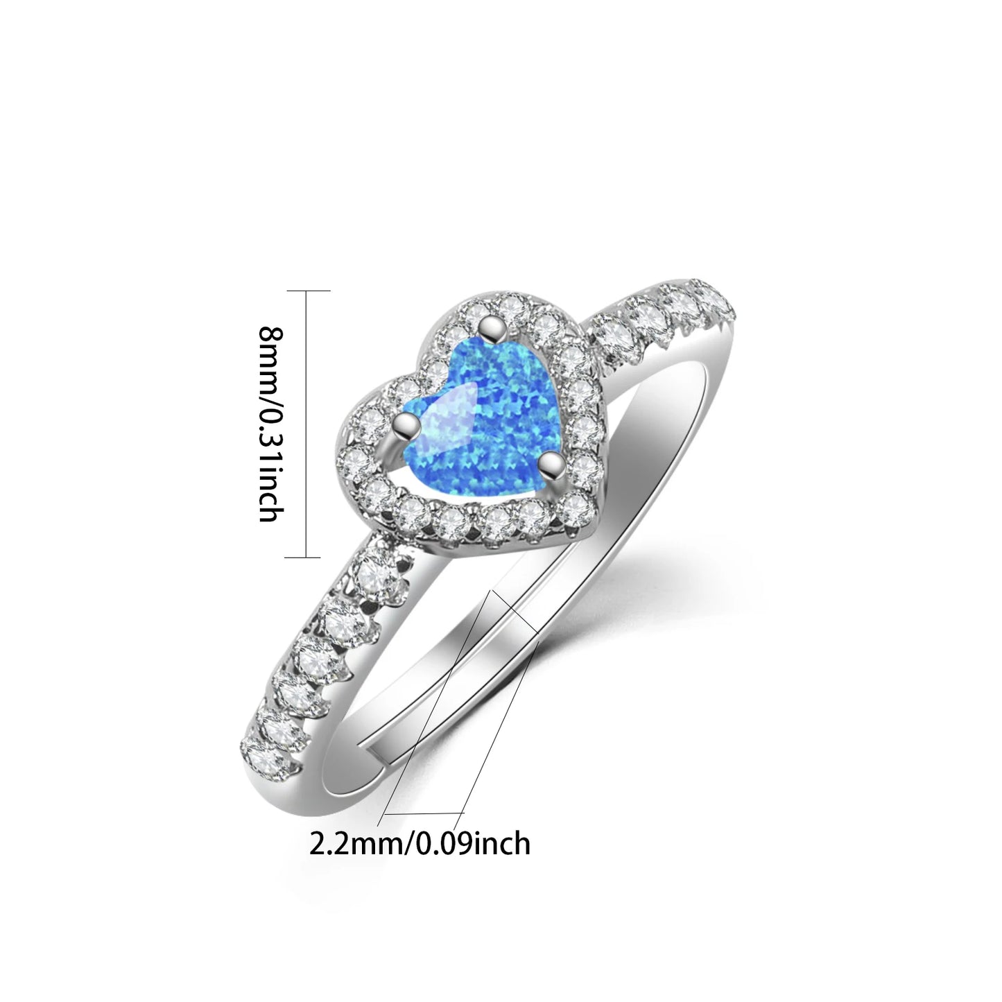 Romantic Heart Opal Promise Ring - Blue Fire Opal Center & CZ Halo Design | Dainty Daily Jewelry Bulk Gifts