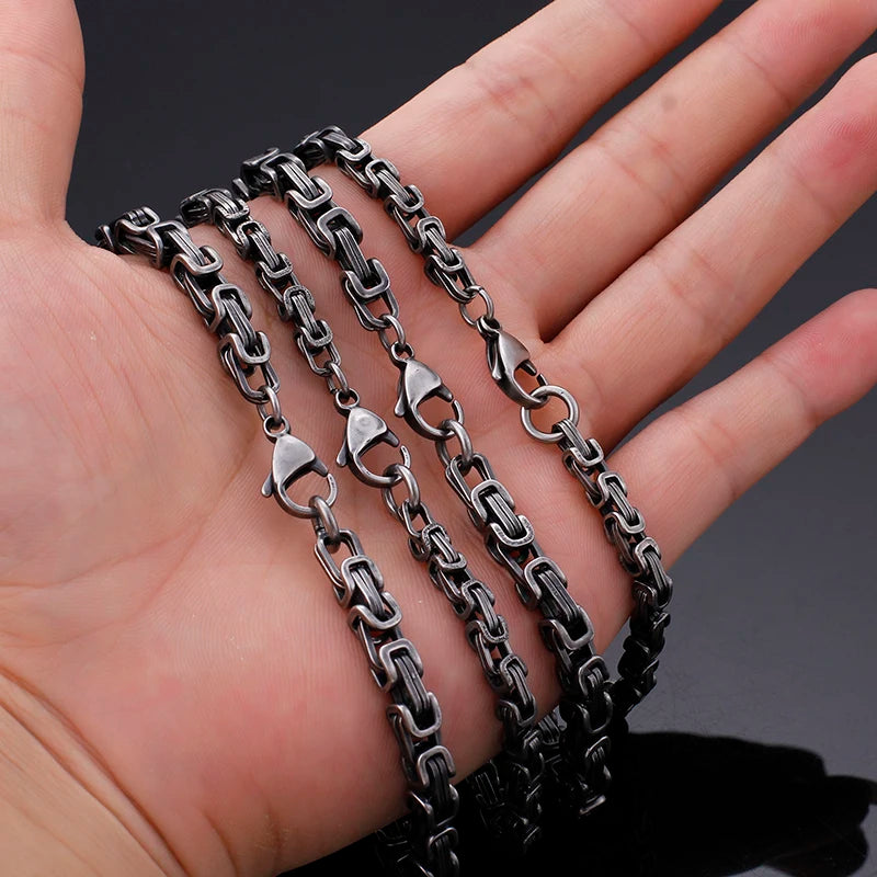 REBEL VIKING Matte Black Byzantine Chain Necklace – 316L Stainless Steel Men's Vintage Dark Chain