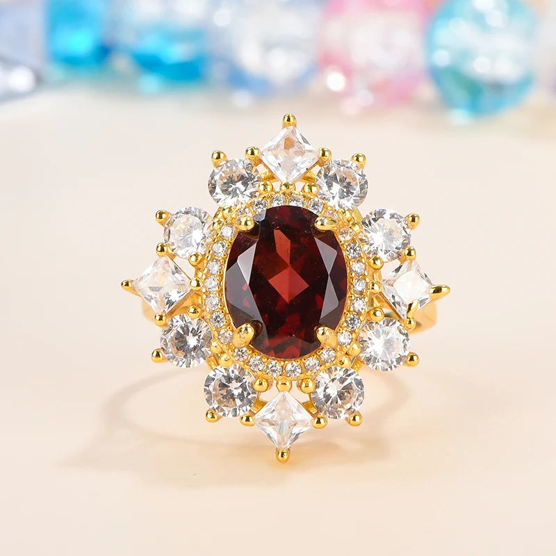 Gioiellieri High-End Elegant Open Ring for Women Classic Style Oval Cut Natural Garnet 925 Silver Gold Plated Gemstone Rings Prong Setting