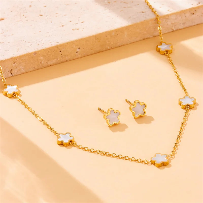 Gold White Flower Necklace, Earrings & Bracelet Jewellery Set | Feminine Fashion Set