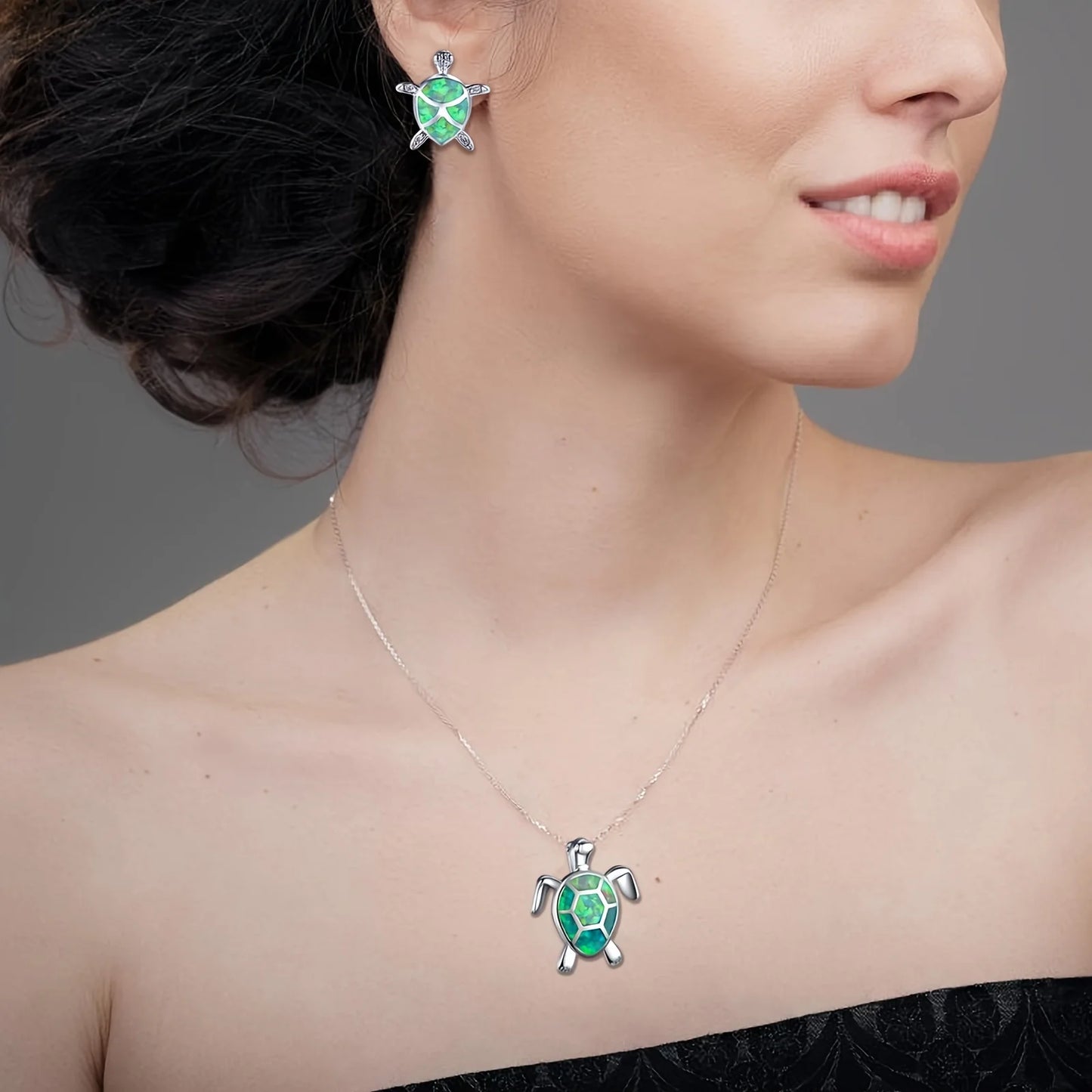 Marine Turtle Opal Jewelry Set - Green Fire Opal Sea Turtle Necklace & Earrings | Coastal Pet-Lover Bulk Gifts
