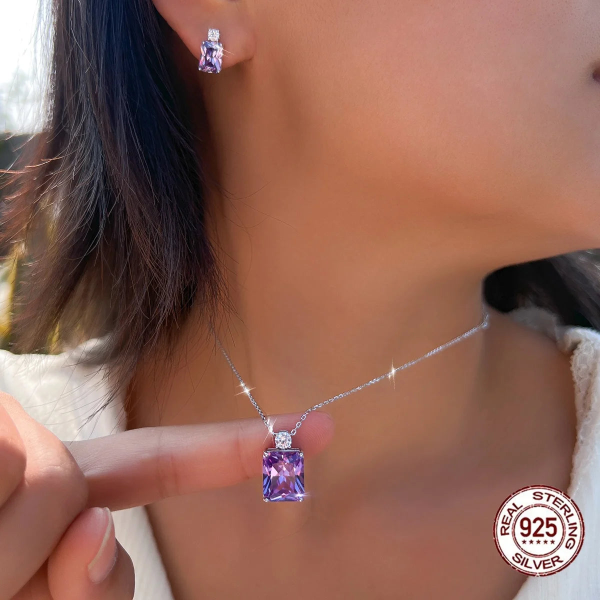 Sterling Silver Purple CZ Baguette Pendant Necklace & Earrings Set Rhodium Plated Bridal Party Gift for Women & Girls