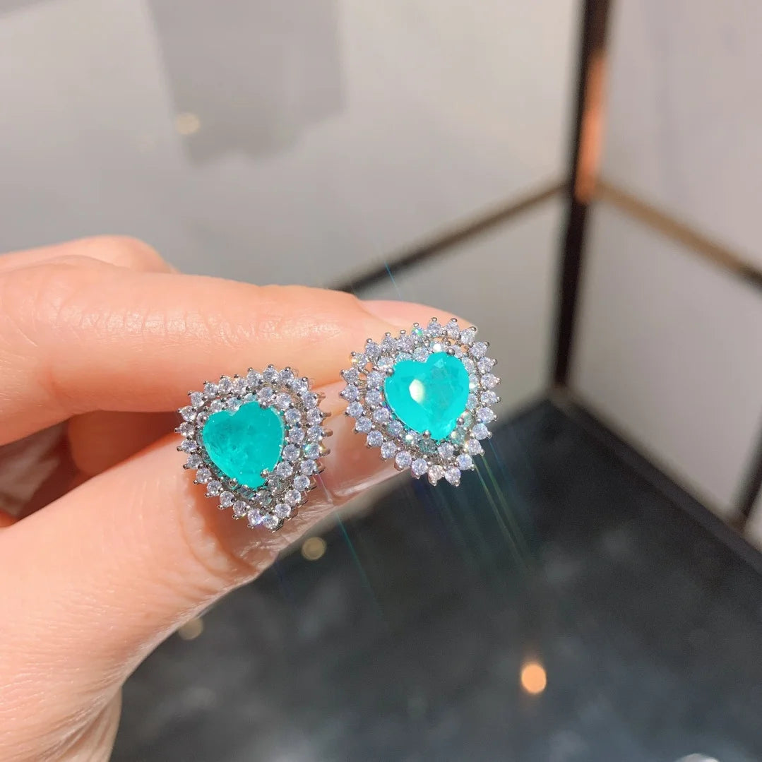 Fashion Eco-friendly Copper Heart Jewelry Set Imitation Paraiba Gemstone 8MM 10MM Earring Necklace Women Daily Party Wedding