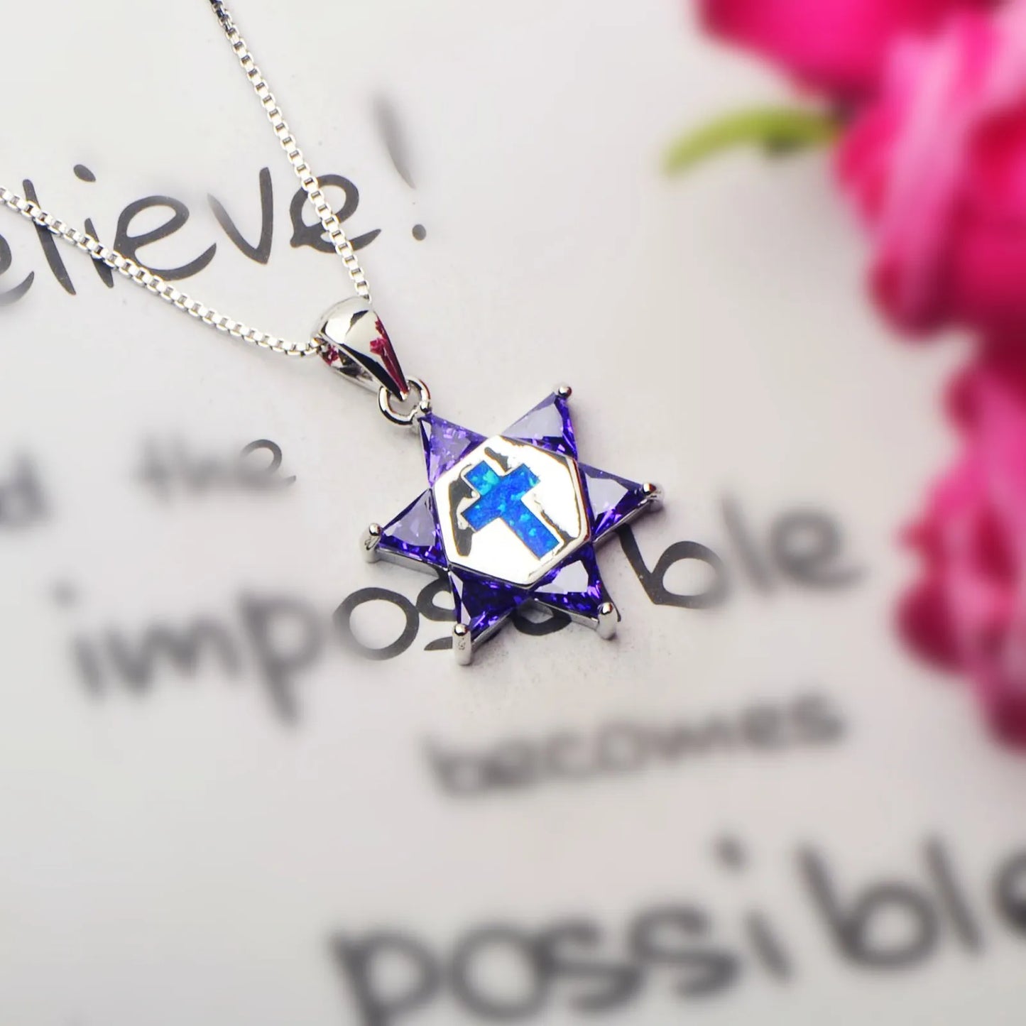 Hawaii Beach Zircon hexagonal Star Women's Lab Created Blue Silver Plated Copper Alloy Box Chain Necklace for Anniversary