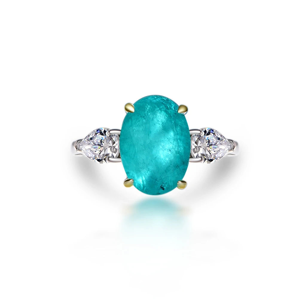 MuShan Jewelry Factory Blue Green Synthetic Paraiba 10*14 Ring in 5 Carat Silver Oval Shape Is Selling Well