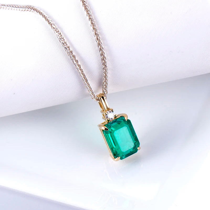 Messi Jewelry MSN-617 925 Silver Pendant Necklace Emerald Cut Lab Grown Emerald Necklace