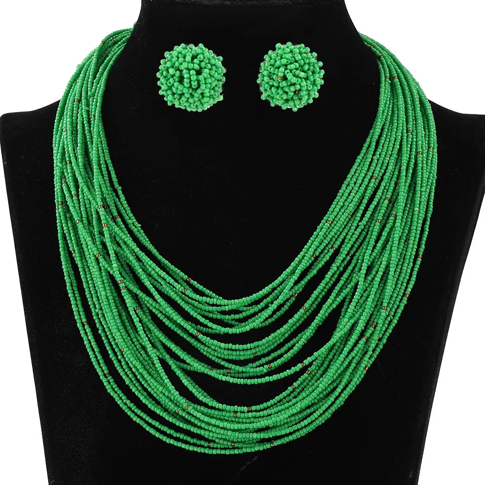 Bohemian Multi-Layer Rice Bead Necklace & Earrings Set | Retro Ethnic Style Glass Bead Jewellery | 9 Colours