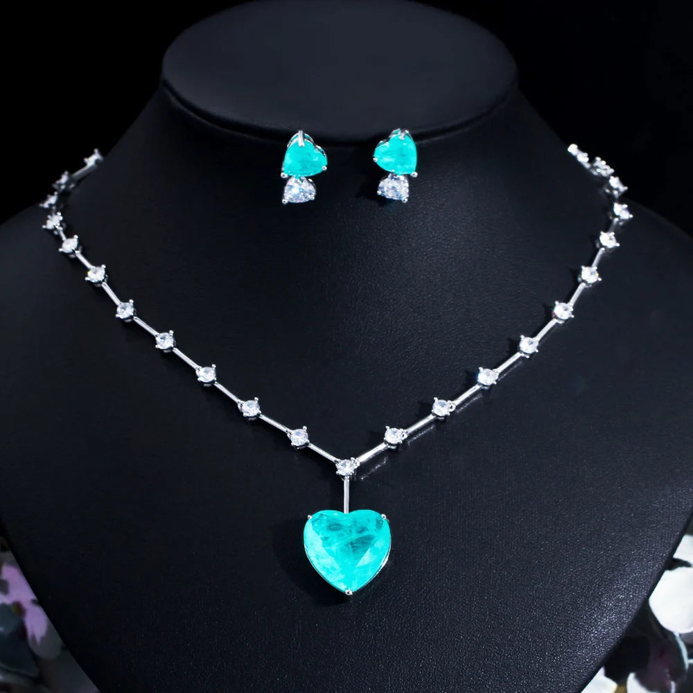 Beautiful Romantic Titanic Large Blue Ocean Love Heart Pendant Necklace and Earrings Bridal Green CZ Jewelry Set for Women Gift