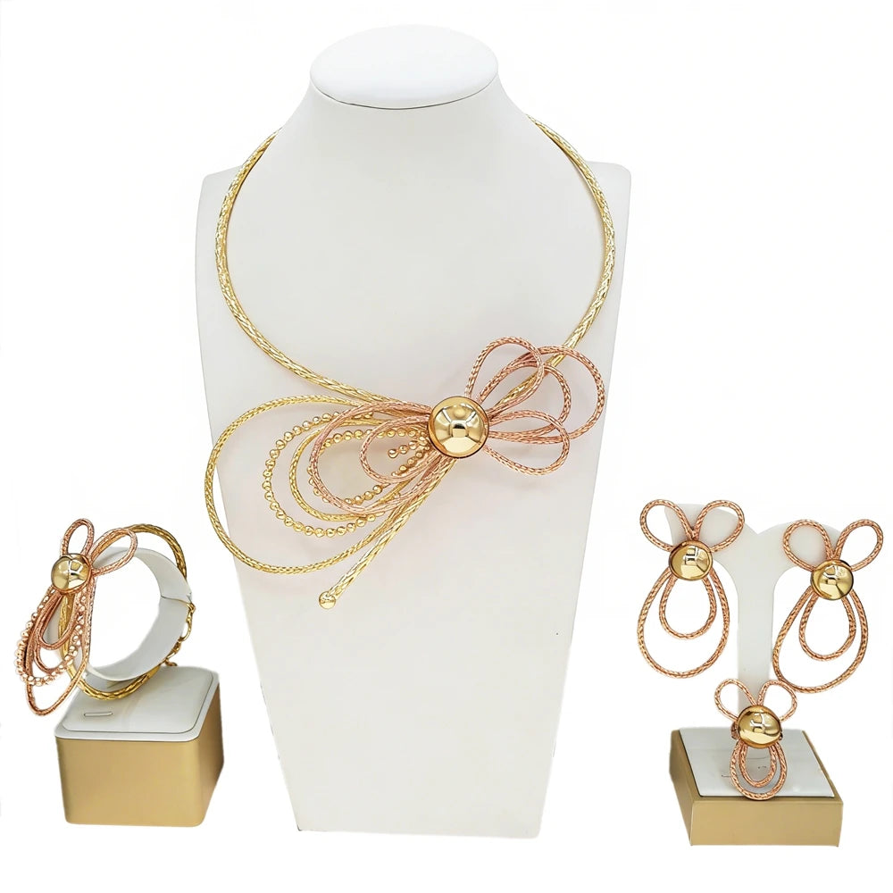 Zhuerrui African Italian Gold Plated Jewelry Set Bold Ribbed Twisted Geometric Choker for Women Wedding Banquet X00132