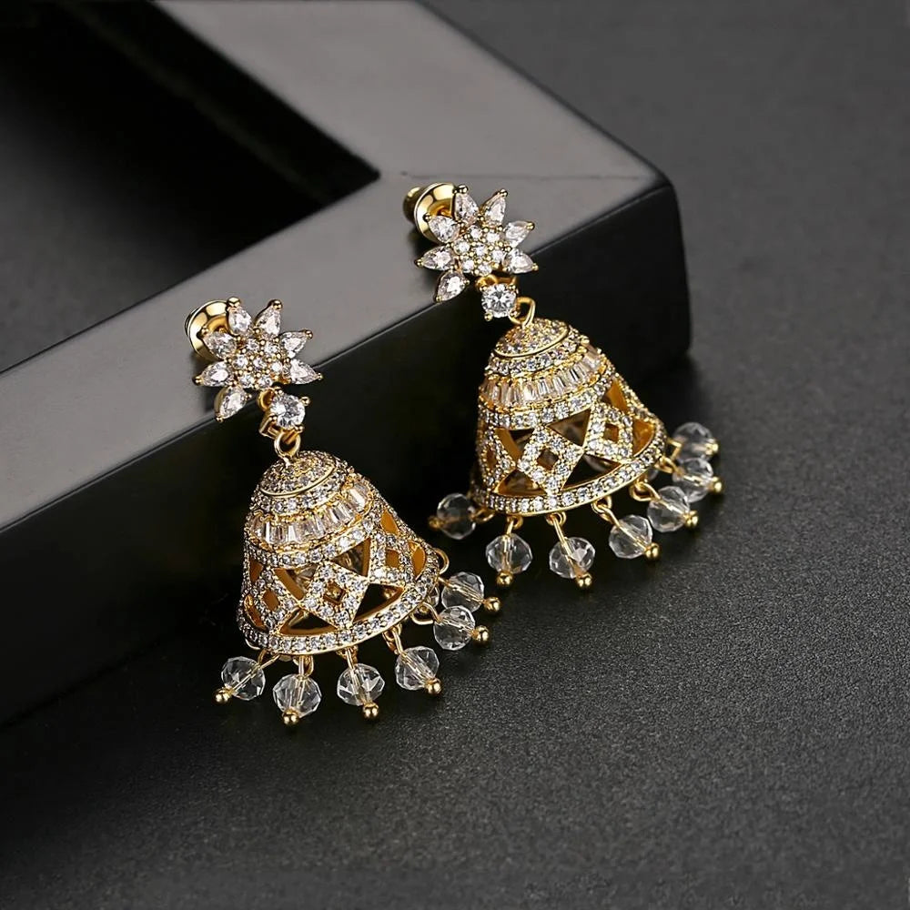 Classic Gold Color Indian Style Big Dangle Drop Earrings Bridal Wedding Inlaid Colorful CZ Star Shape Fashion Jewelry Bling New
