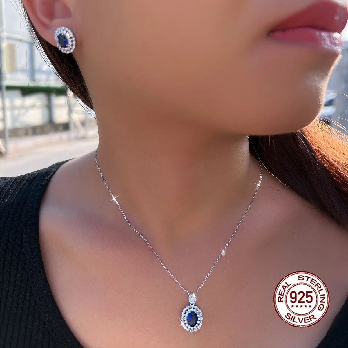 Vintage Style Royal Blue Cubic Zirconia 925 Solid Silver Necklace and Earring Set for Ladies Wedding Engagement Fine Jewelry Set