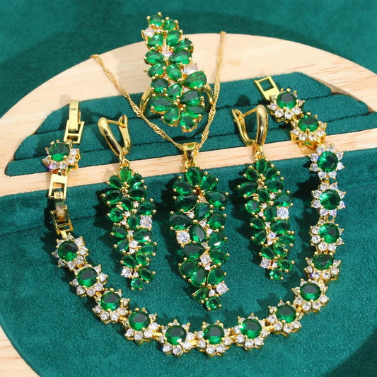 Exquisite Green Zircon Gold Color Jewelry Set for Women Banquet Bracelet Earrings Necklace Pendant Ring for Wedding or Party