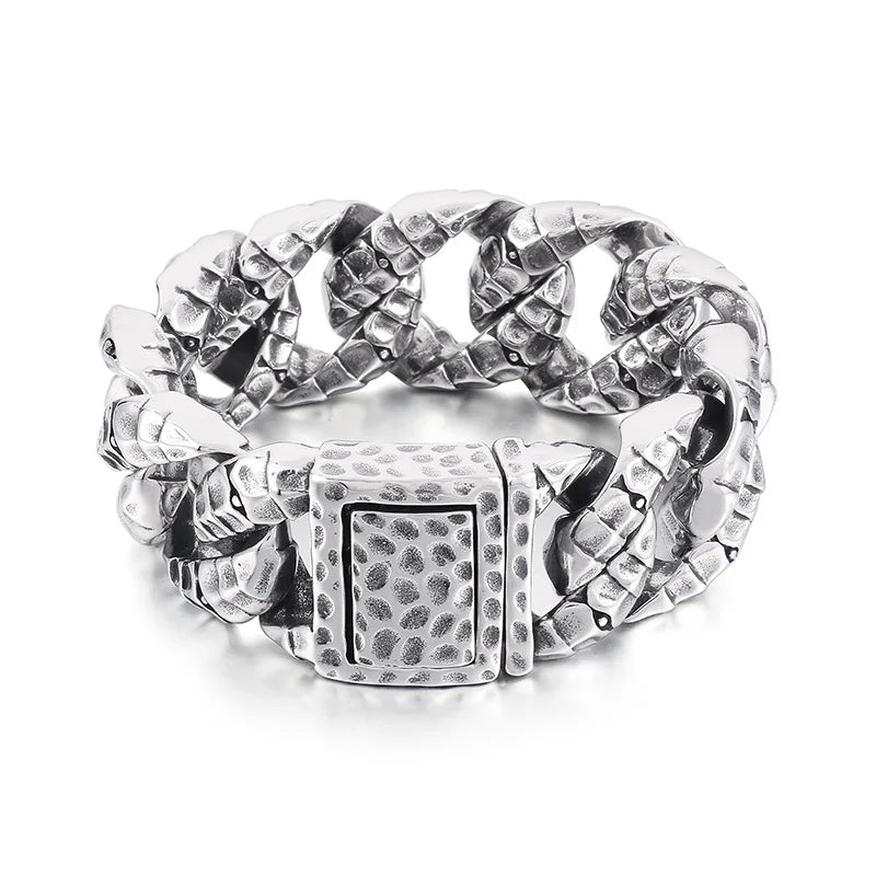 REBEL 235mm Men Punk Stainless Steel Snake Scales Pattern Cuban Link Bracelet