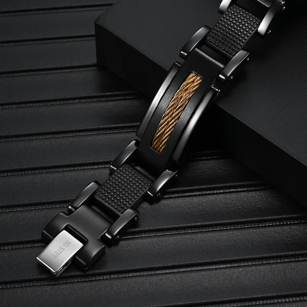 REBEL Men's Stainless Steel Black Zinc Plated Two-Tone Geometric Chain & Link Bracelet for Anniversary
