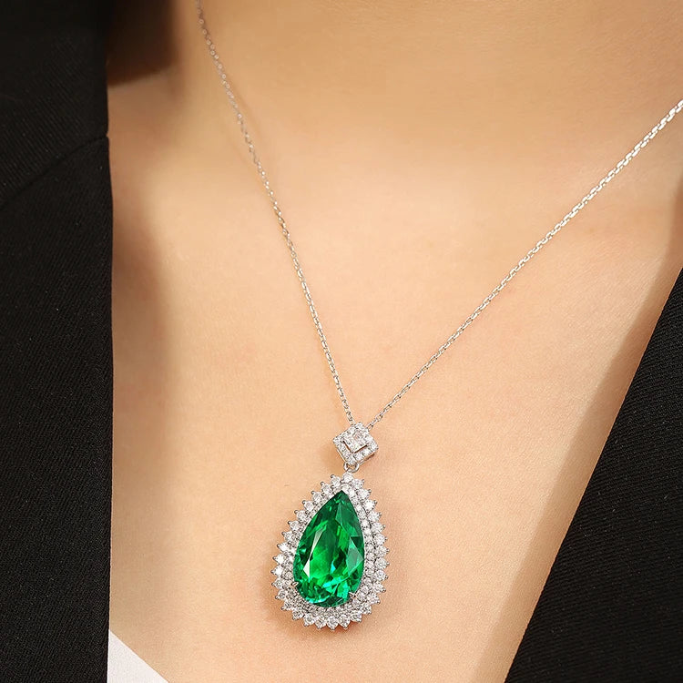 Gemfiori Light Luxury 40+5cm Adjustable 14kt 18k Solid Gold Emerald Gemstones Teardrop Necklace