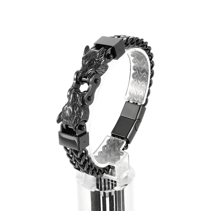 KALEN Men Punk Gold/Silver/Black/Oxidized Black Stainless Steel Wolf Head Charm Herringbone Chain Bracelet