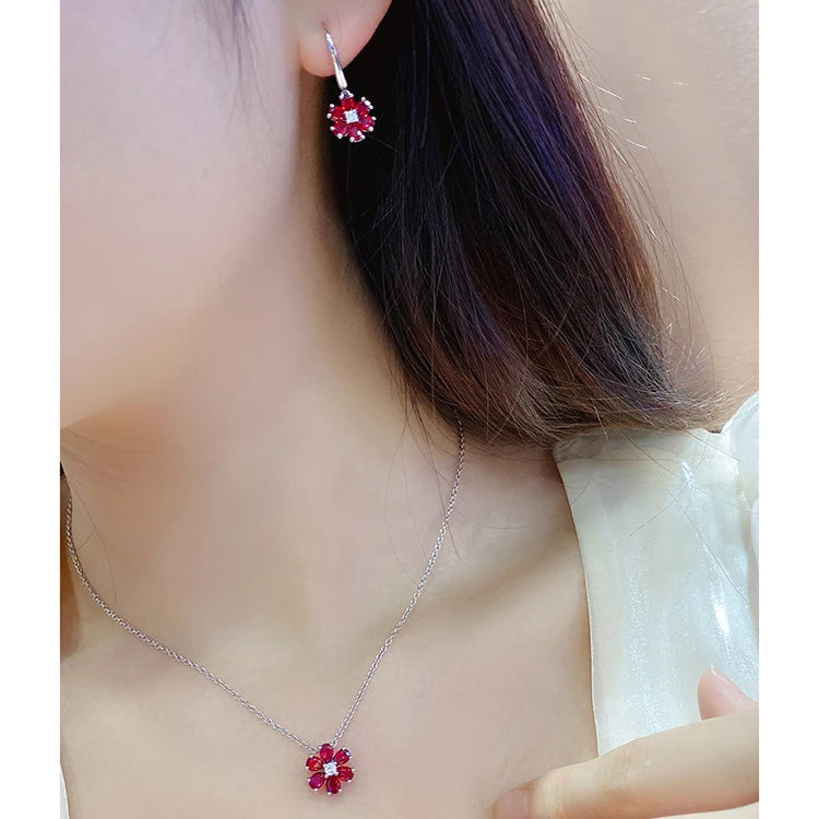 Gemfiori Jewelry Flower Shape Lab Ruby Sterling Silver 925 Jewellery Dangle Drop Earrings for Girl