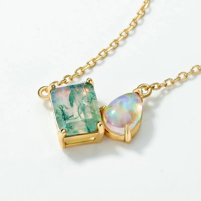 925 Sterling Silver Natural Moss Agate Opal Jewelry Set 14K Gold Plated Emerald Cut Jewelry Set for Women
