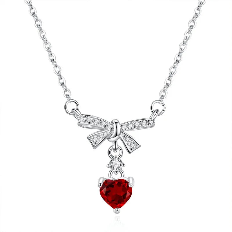 Women 925 Sterling Silver Natural Stone Garnet Necklace Engagement Wedding Bow Knot Heart Pendant Chokers Jewelry Wholesale