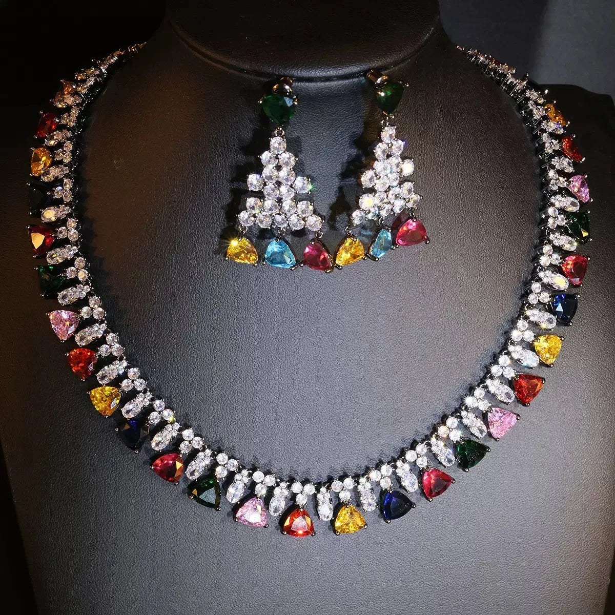 Bella Viva Luxury Multicolor Triangle 3A Cubic Zirconia Earrings & Necklace Set for Women Rainbow Color Party Jewelry