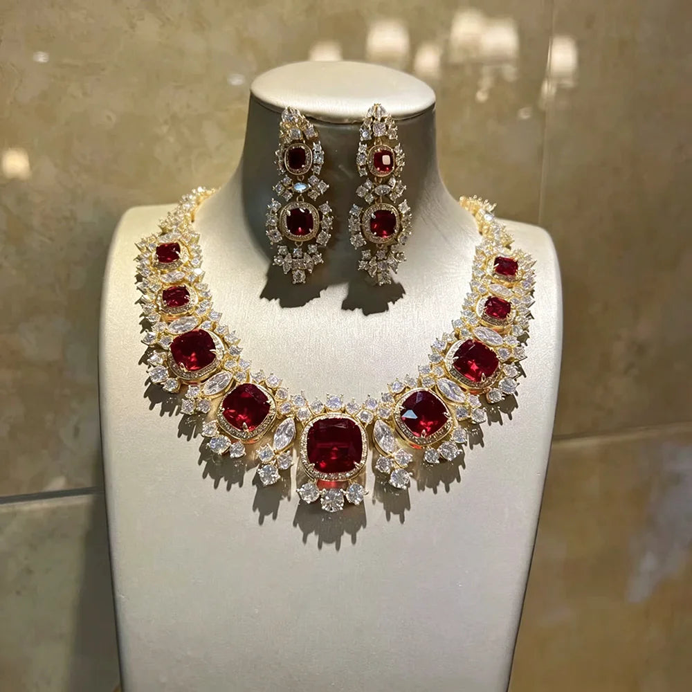 XM S297 Gold Plated Red Cushion Cut Zircon Floral Statement Necklace & Earrings Bridal Set