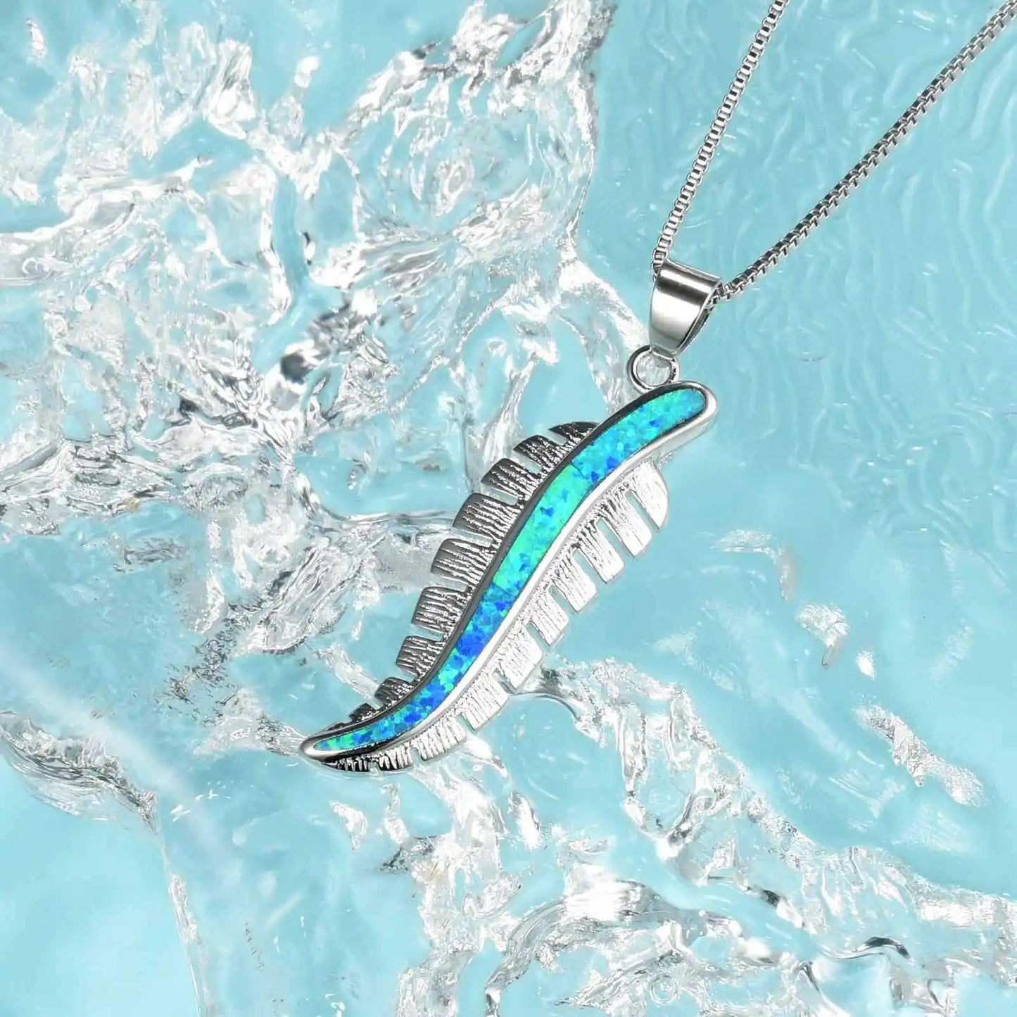 Trending TikTok INS Blue Copper Alloy Feather Necklace-Opal Inlaid Pendant Silver Plated Women's Trendy Sweater Chain Jewelry