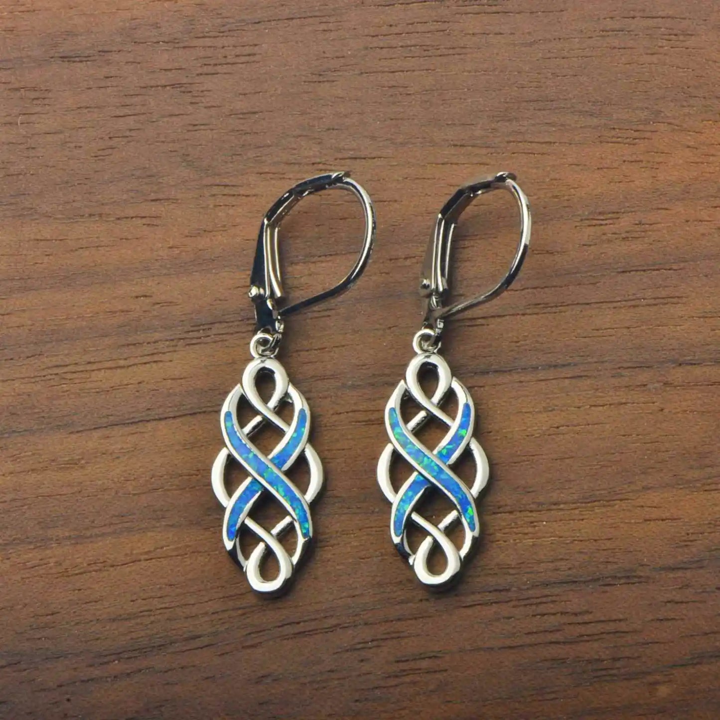 Blue Opal Infinity Earrings | Silver Twisted Design Drop Jewelry