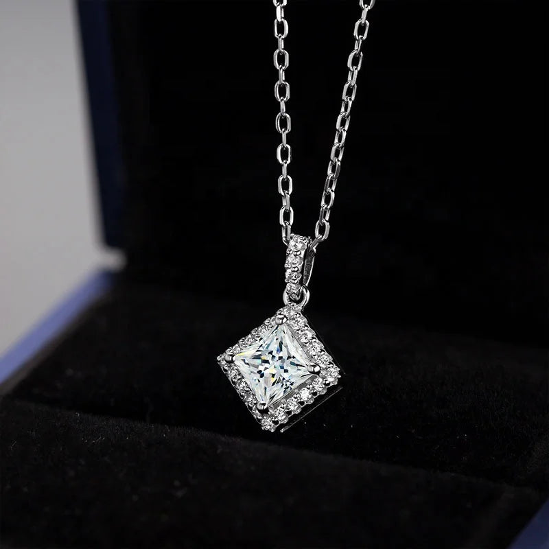 ArtistA HL04T Abiding Dainty Square Princess Cut DEF VVS Moissanite 925 Silver Halo Ring Earrings Pendant Necklace Jewelry Set