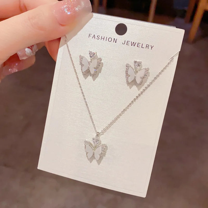 Hot Selling Fashion Unique Butterfly Necklace and Earrings Set with Zircon Classic Real Gold Plated Jewelry Set for Women