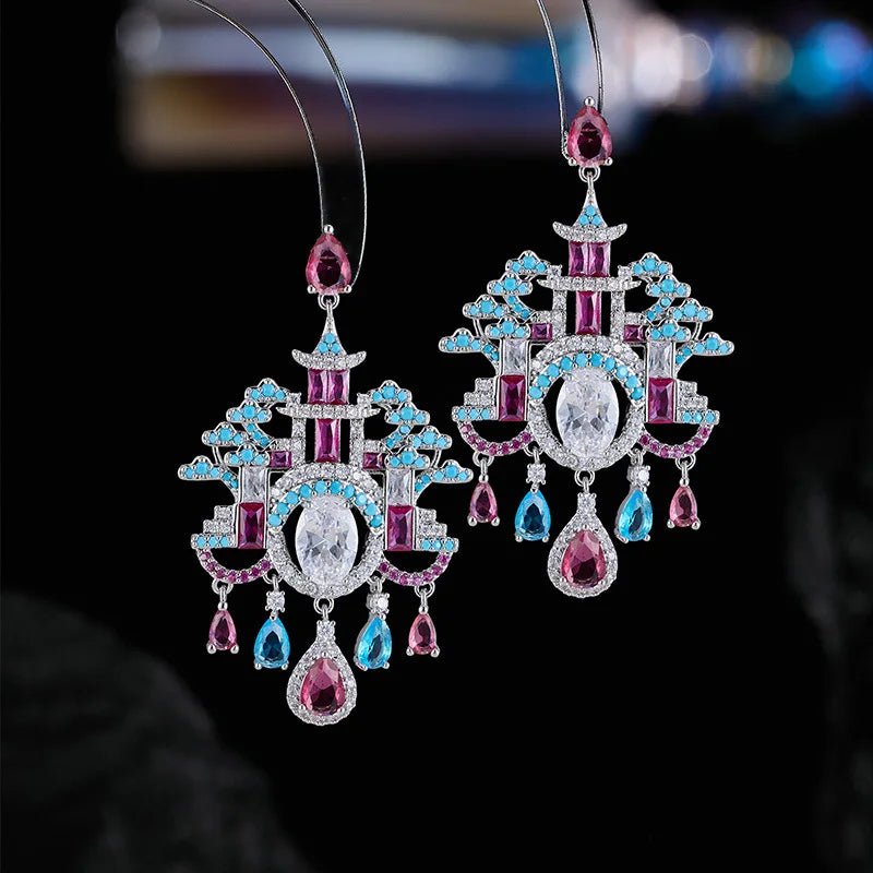 Elegant Retro Palace Tassel Earrings New Chinese Pavilion Tower Design Full Inlay Color Zircon Luxury Earrings
