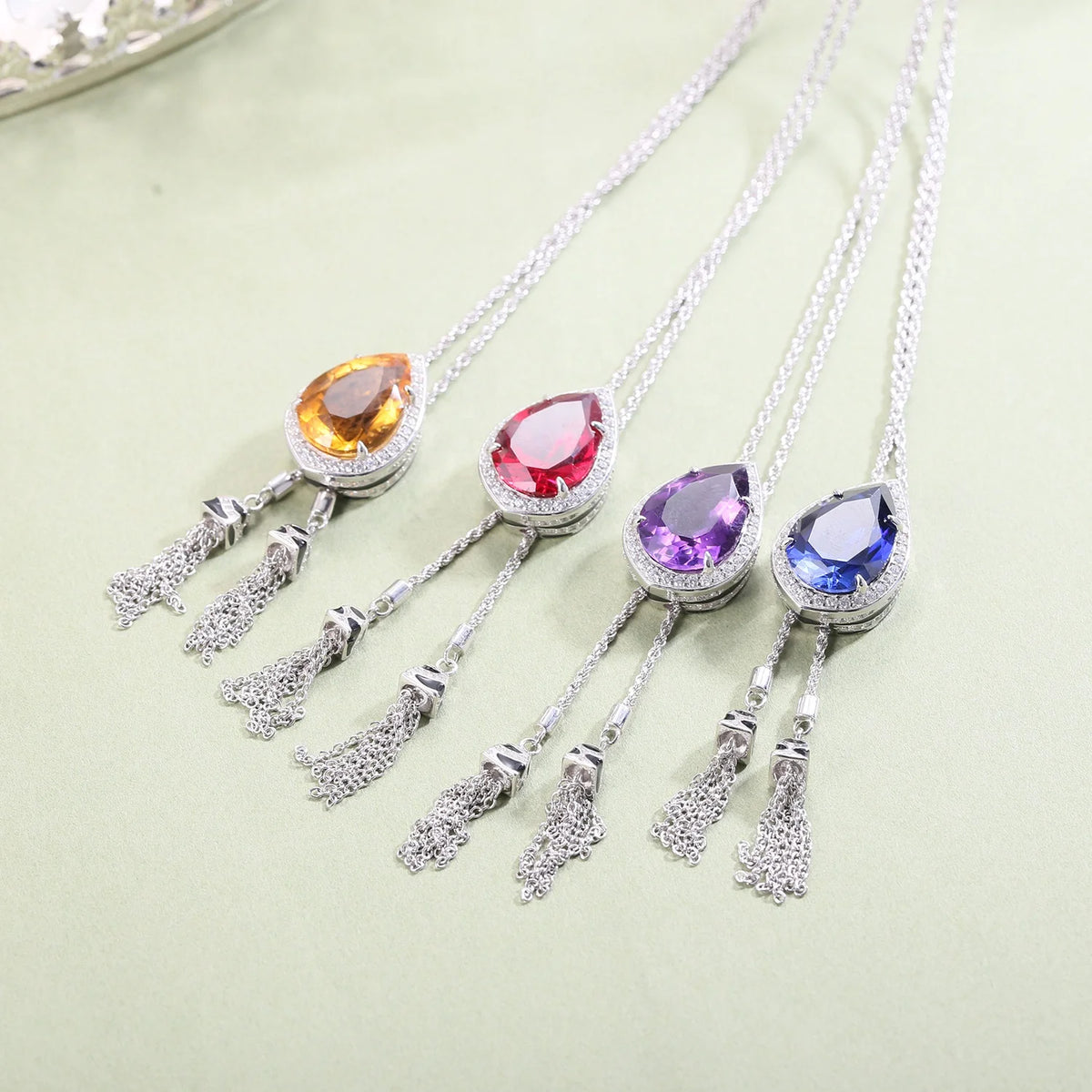 ArtistA C9646 Abiding Handcrafted 925 Silver Pear Shape 13x18MM Citrine Amethyst Lab Ruby Blue Sapphire White Cz Halo Pendant Necklaces