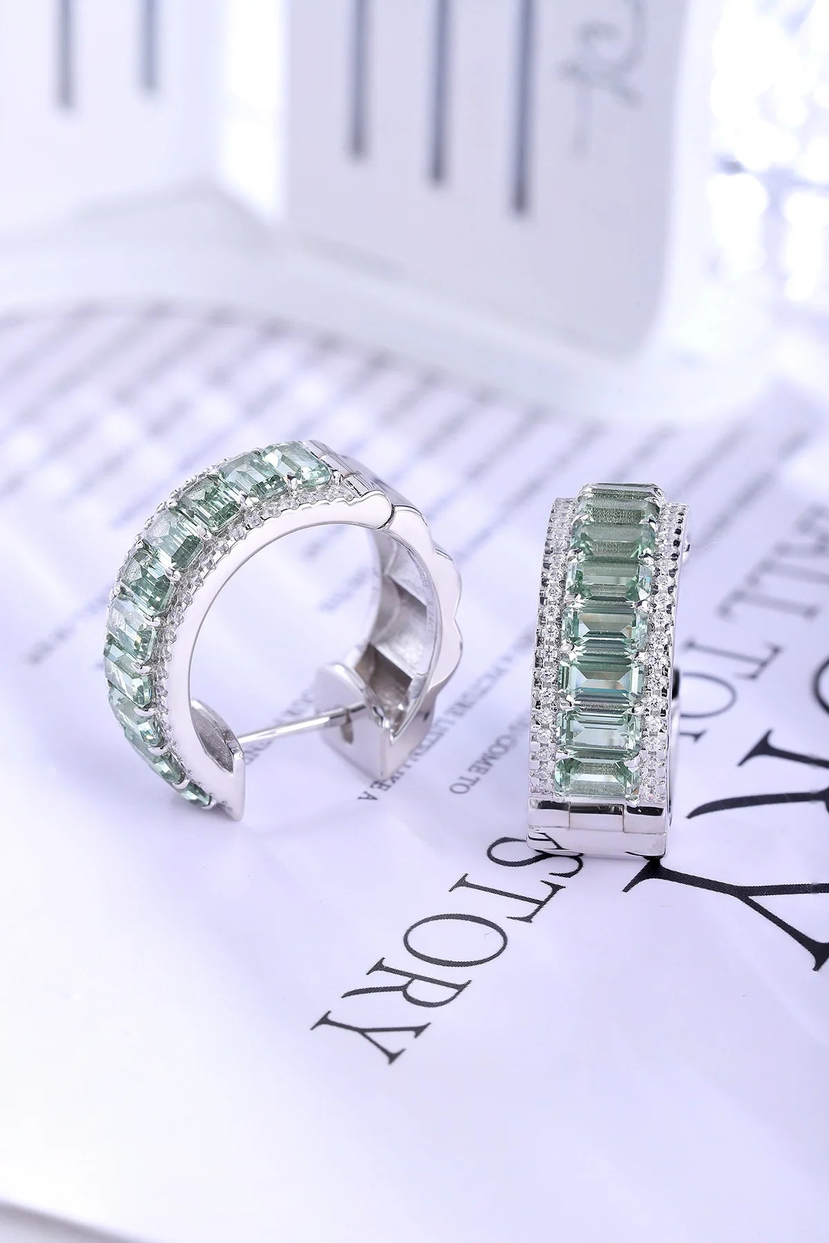 Gemfiori New Fashion Green Sapphire Silver C Shape Big Hoop Earrings Set for Women Jewelry Party Gift Fashion Earrings Set