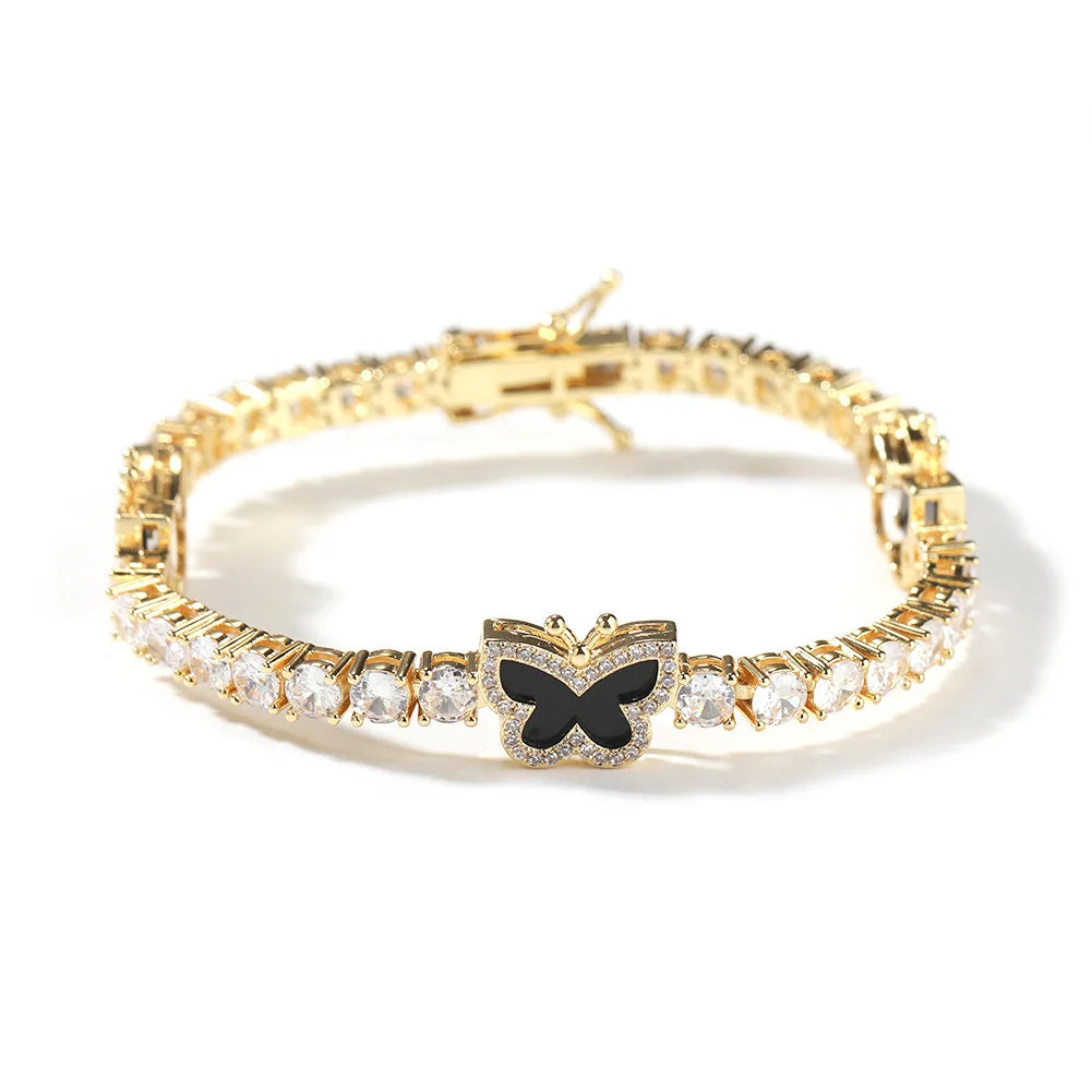 S&S Fashion 4mm Gold Plated Brass Cubic Zirconia Diamond Colorful Butterfly Punk Tennis Bracelet Chain