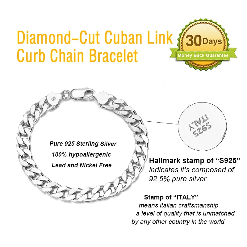 BiG-BOSS BSB105 RINNTIN Solid 925 Sterling Silver Italian Diamond-Cut 5mm Cuban Link Curb Chain Bracelet for Men