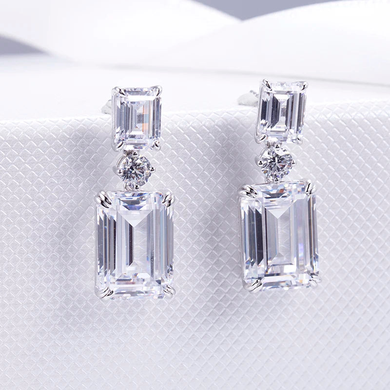 Messi Jewelry MSE-604 925 Silver High Carbon Diamond CZ White Emerald  Cut Earrings Fine Jewelry Earrings for Dating or Wedding