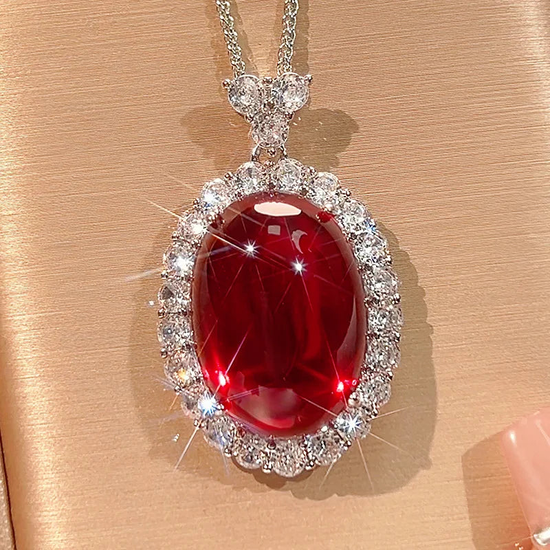 REDheart Fashion Brass Zircon Flower Shape Pendant Simulation Red Corundum Green Chalcedony Surface Light Luxury Rhodium/Gold Jewelry Set