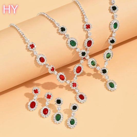 HY Red Ruby Color Zircon Necklace and Earrings Set Classic Party Style for Wedding Engagement Anniversary-Copper Jewelry