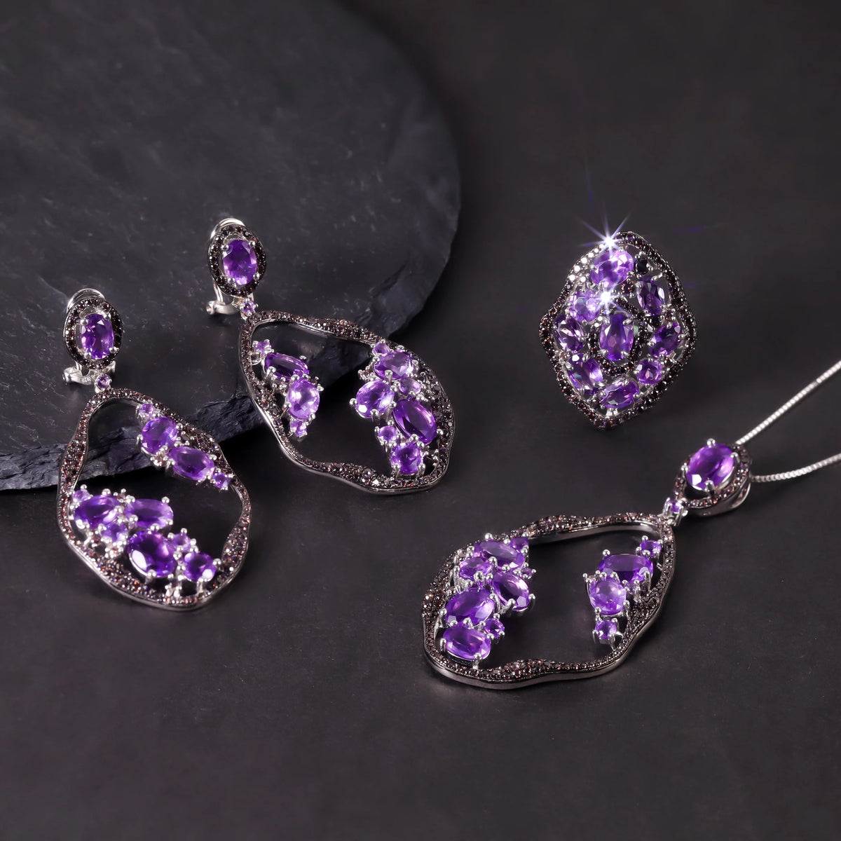 S&S Natural Amethyst & Smoky Nano Fine Jewellery Set | 925 Silver Rhodium Plated | Oval Cut | S&S Collection