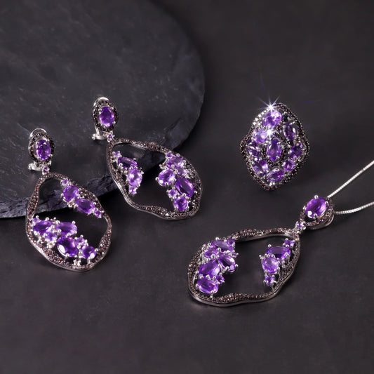 S&S Natural Amethyst & Smoky Nano Fine Jewellery Set | 925 Silver Rhodium Plated | Oval Cut | S&S Collection