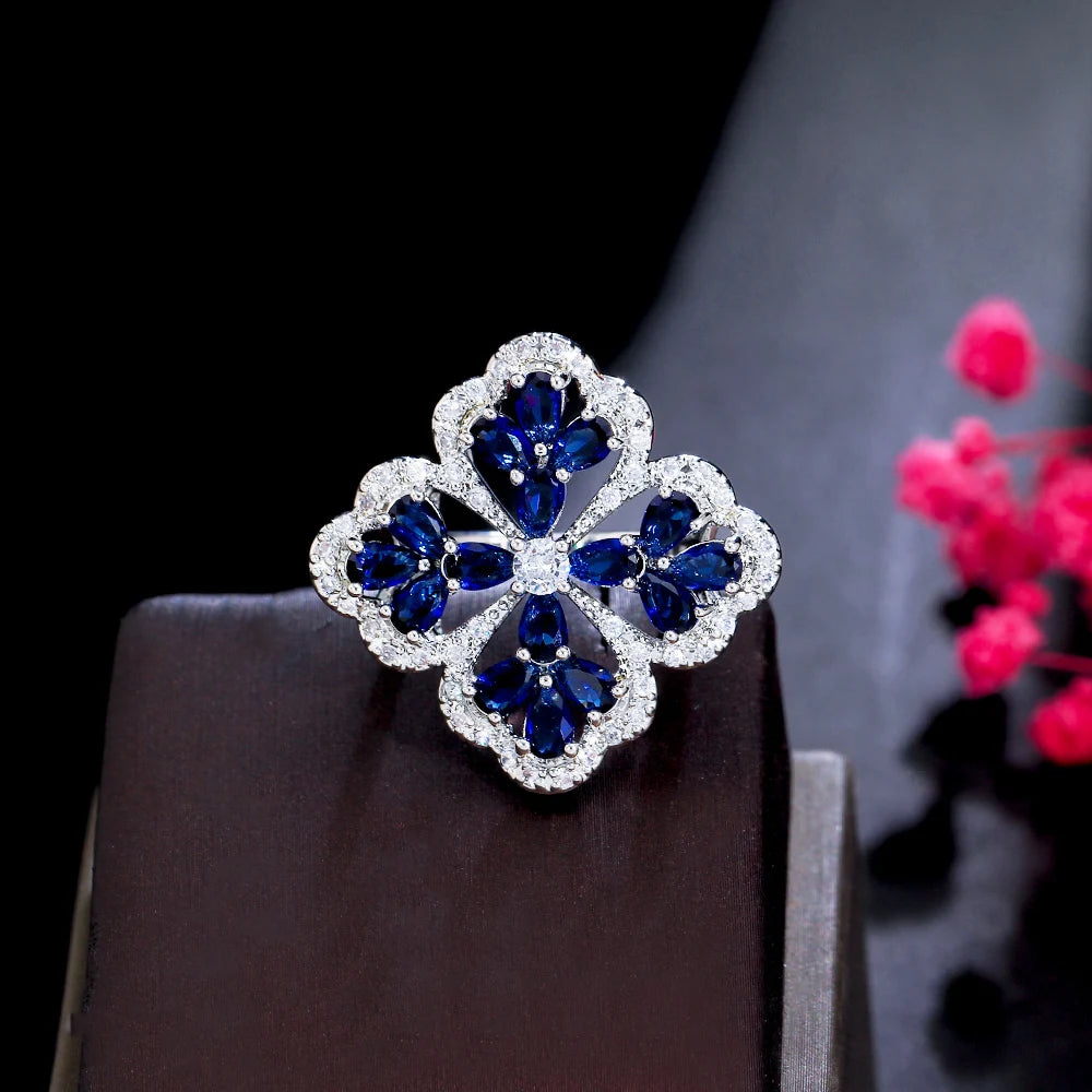 S&S CZ Pavé Chunky Flower Statement Ring – Colourful, Blue & Green – Collection